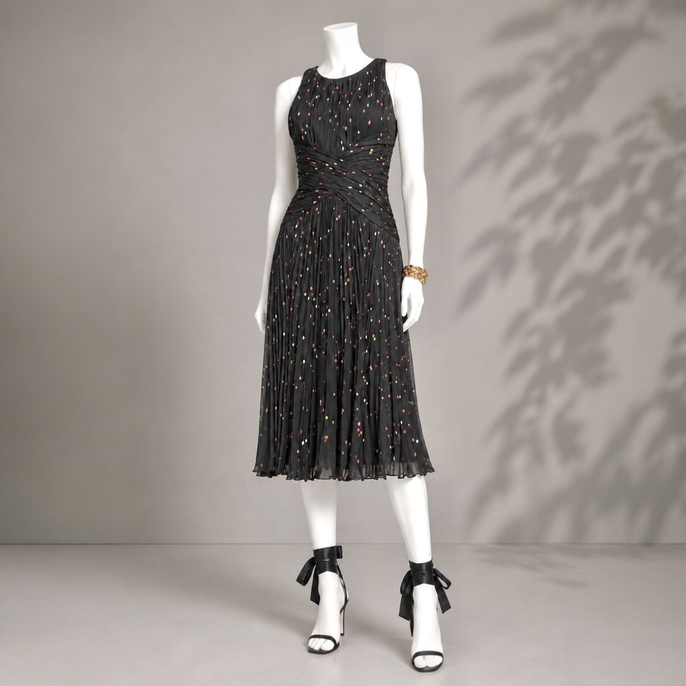Vintage Anne Klein Silk Dress 8 Black Rainbow Polka Dot Pleated Whimsigoth Midi